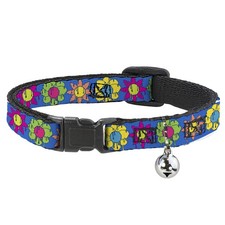 Cat Collar Breakaway with Bell Funky Flower Drip Blue/Multi Color NARROW Fits 8.