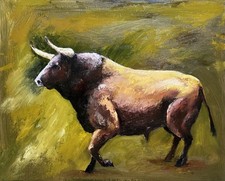 Dipinto olio toro originale 16x20 animale da fattoria arte ranch occidentale tela testurizzata