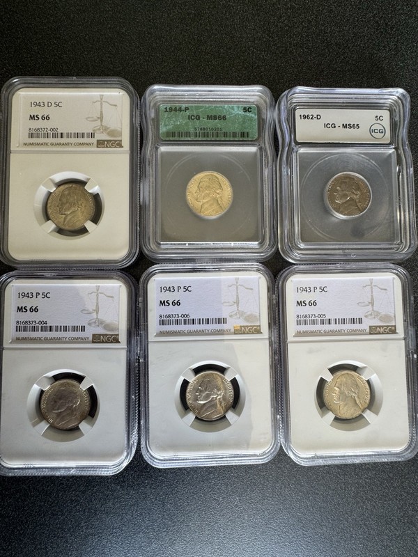 War Nickel Lot MS 66 1943 P (3) 1943D 1944P Toned 1962D