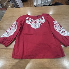 Talbots Tunic Shirt Womens M Red Linen Embroidered 3/4 Sleeve Boho Blouse