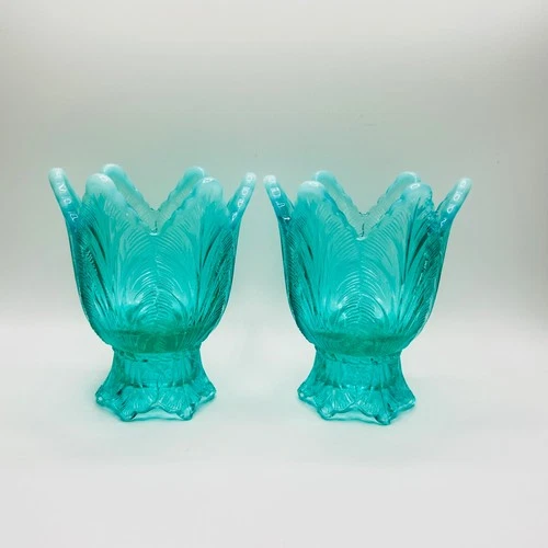 VTG Fenton Art Glass Pair Aqua/Blue Translucent Reversible Tulip Candle Holder