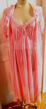 VINTAGE PEIGNOIR SET SHEER PINK CHIFFON ROBE GOWN LONG WITH LACE AND RIBBONS S