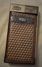 JUSTIN MEN'S LEATHER RODEO WALLET BROWN Tooled BASKETWEAVE Concho NEW RFID NIB