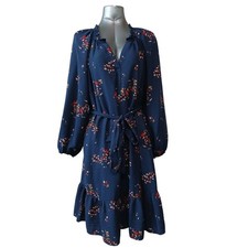Sonoma Goods For Life Navy Blue Floral Ruffle Dress Plus 1X Balloon Sleeve