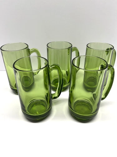 Lot Of 5 Vintage Hazel Atlas Smooth Pressed Glass Avocado Green Mugs 5.5" 14oz
