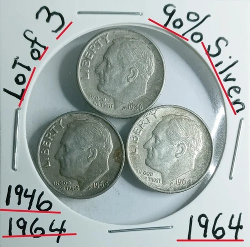 Lot of Roosevely Dimes (P) 90% Silver Good Condition1946-1964-1964-Look@ & See *