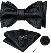  Mens Bow Tie Set with Lapel Pin Brooch Pink Silk Self Tie Bowtie Black Paisley