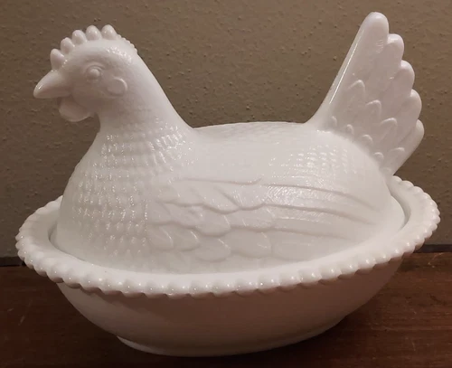 Vintage Indiana White Milk Glass Hen On A Nest Covered Candy Dish 7" Chicken