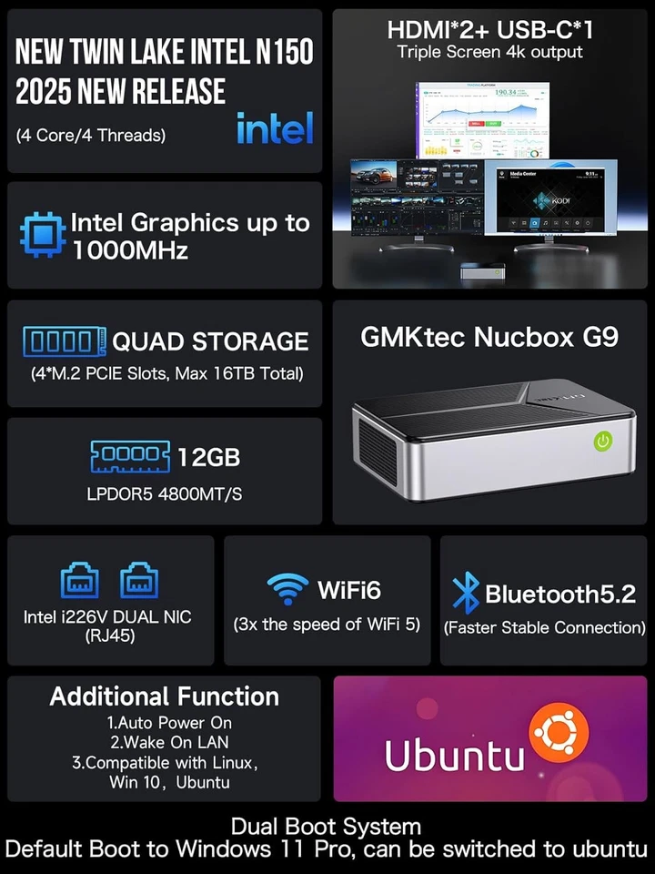 Mini PC NAS GMKtec G9 Intel N150 12 GB DDR5 64 GB EMMC M.2 SSD Sistema de arranque doble Foto 2 de 4