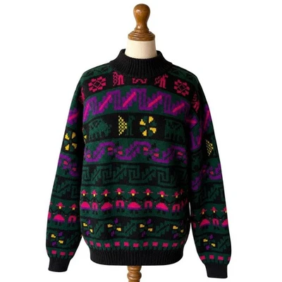 Vintage Benetton Italy Shetland Wool Unisex Folk Novelty Knit Sweater - Image 1 of 4