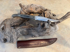 Beautiful Stainless steel belt knife with carbon fiber handle, & leather sheath