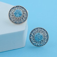 Round Blue Topaz Cufflinks 925 Sterling Silver Men's Gift Jewelry Real Gemstone