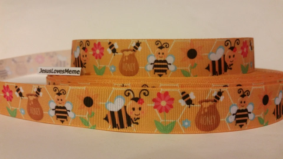 Grosgrain Ribbon, Bumble Bees Honey Pots Sunflowers Honeycomb Pink Flowers 7/8" - Image 1 of 1