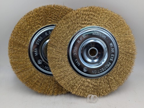 Menge 2, Norton 8" Draht Metall Messing Tischschleifscheibe, 1/2" & 5/8" Dorn, Neu - Bild 1 von 5