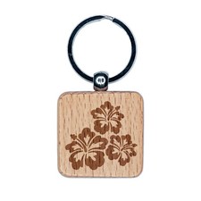 Hibiscus Flower Trio Engraved Wood Square Keychain Tag Charm