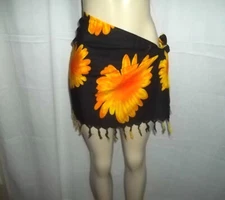 Gold, Black,Large Petal Short Sarong Cover Up Wrap L 18.5" x W 43" Girls XS 