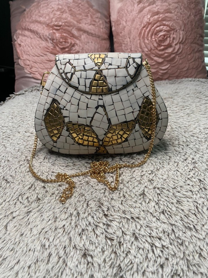 NEW Ramla handmade Moraccon mosiac gold/white purse w/detachable
