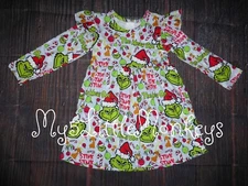 NEW Boutique Grinch Girls Long Sleeve Dress Christmas