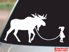 GIRL WALKING A MOOSE Vinyl Decal Sticker Car Truck Rear Window Bumper ELK FUNNY
