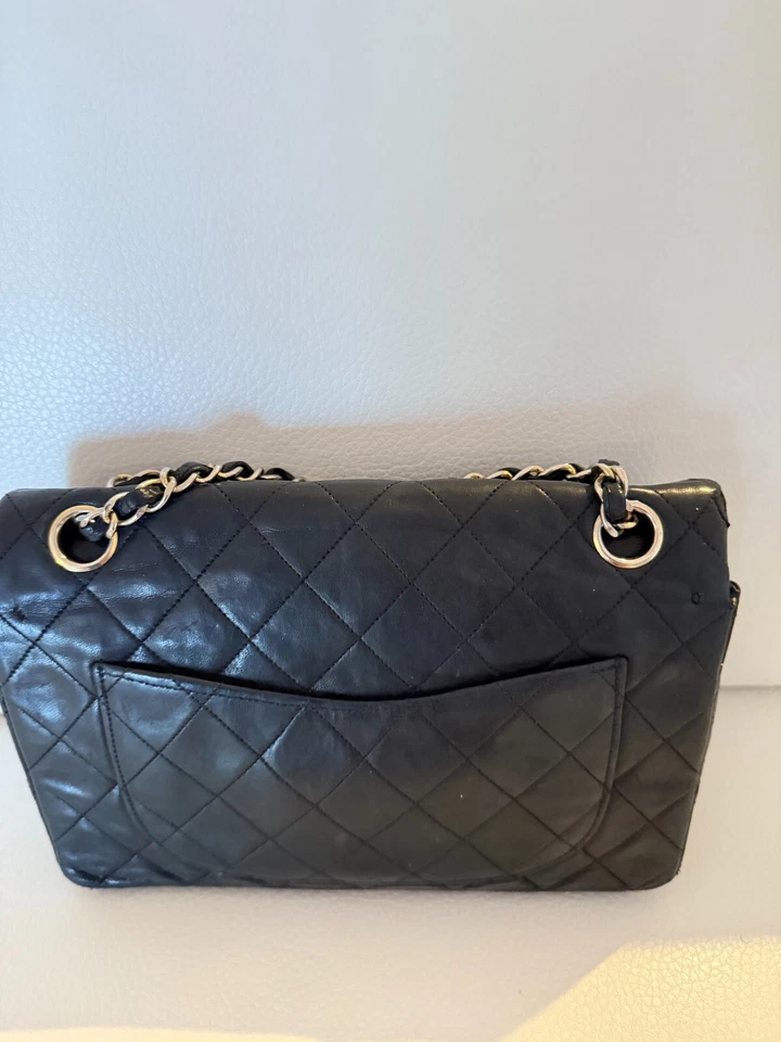 CHANEL VINTAGE CLASSIC SMALL DOUBLE FLAP BAG PURSE BLACK LAMBSKIN - Image 4 of 4