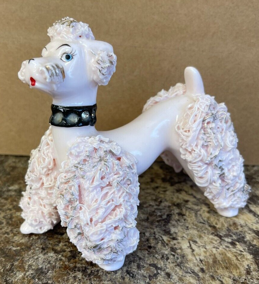 Vintage Lefton Pink Porcelain Spaghetti Poodle Rhinestone Collar