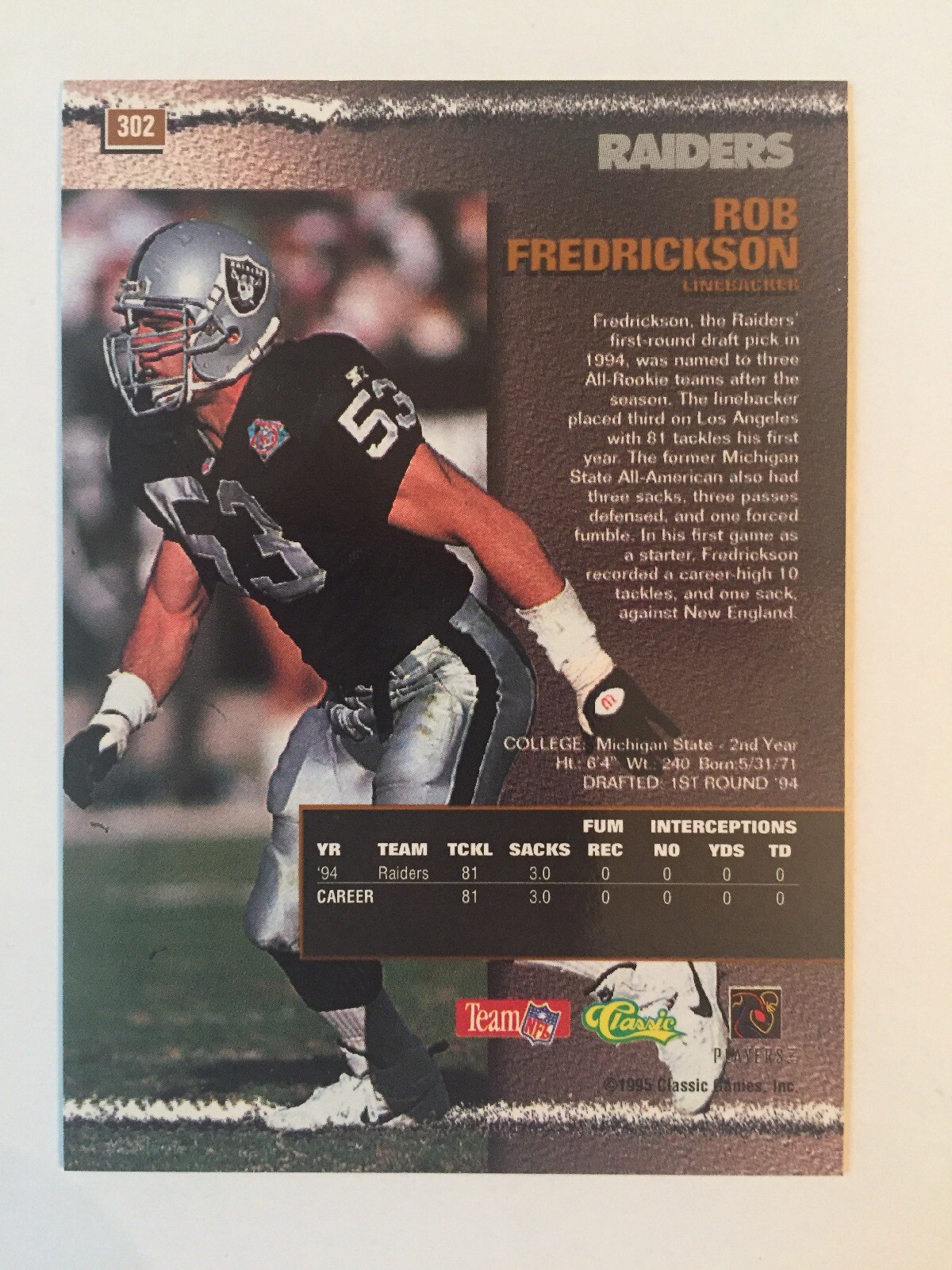 1995 Classic Pro Line - Rob Fredrickson #302 for sale online | eBay
