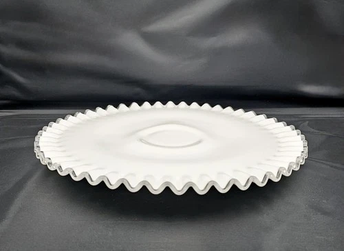 Vintage Fenton Silver Crest Crimped Edge Milk Glass Cake Stand Low Footed 12"