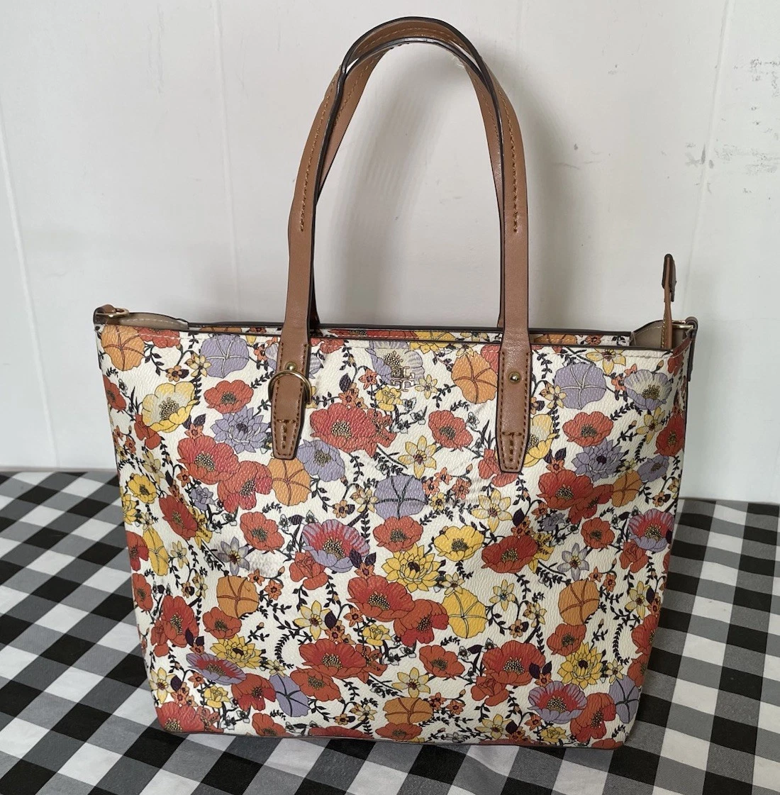 Borsa a tracolla TORY BURCH KERRINGTON tote bag bordo in pelle floreale. Bianco multi