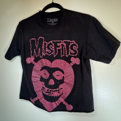 Misfits Fiend Skull Heart Pink Glitter T-Shirt Size Medium Black Grunge Punk