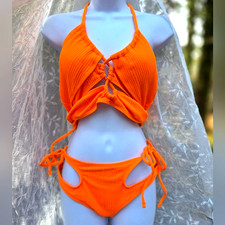Bright Orange Ribbed Bikini Set - Tie Sides, Padded Top, String Bikini Vibrant