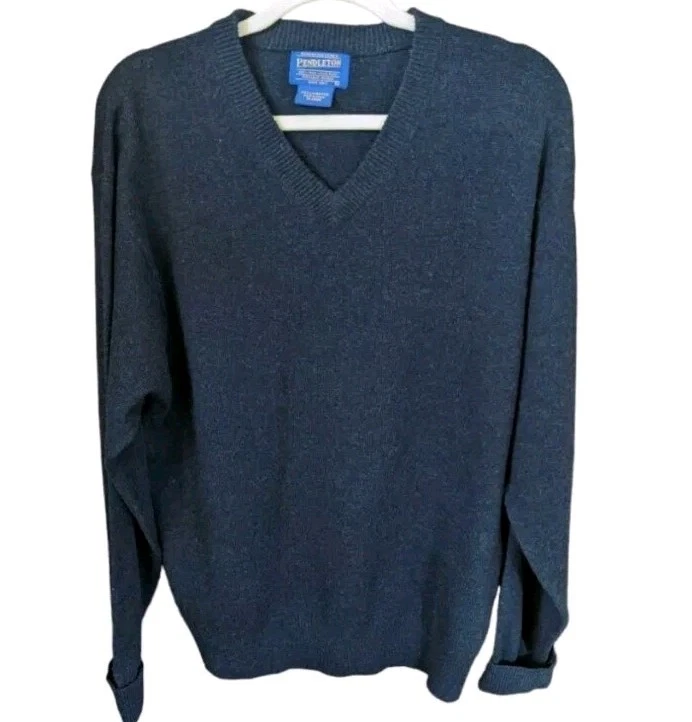 Vtg Pendleton Wool Sweater Navy Blue V Pullover Men’s L Lambswool Preppy USA