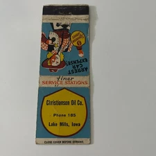 Christianson Oil Co. Finer Service Lake Mills IA Vintage Matchbook Cover TMB42-3