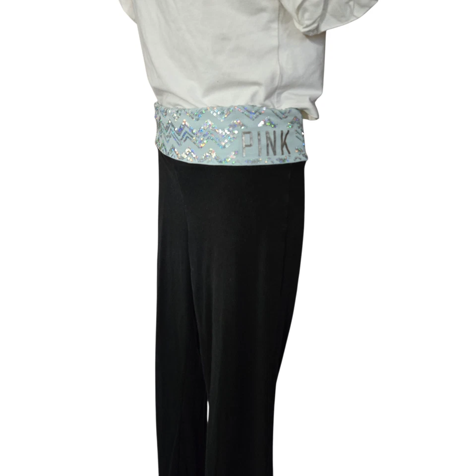 Pink Victorias Secret Womens Fold Over Yoga Pants Large Black Blue Sequin Y2K - Image 4 of 4