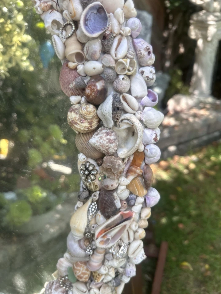"Espejo ovalado incrustado grande vintage Seashell 25 X 22"" joya de vidrio de mar abulón" Foto 4 de 4