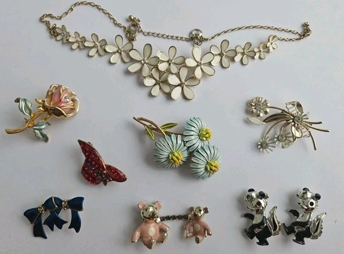 Vintage Lot Of 8 Enamel Fashion Costume Jewelry, One Signed ART