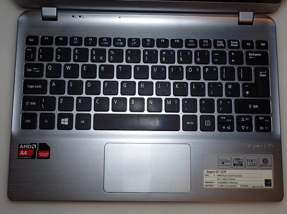 Acer Aspire V5-122P AMD A4 4GB RAM 500Gb HDD Windows 8 Touchscreen Silver Laptop - Image 2 of 4