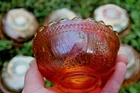 ANTIQUE DUGAN STORK AND RUSHES CARNIVAL GLASS SET OF 6 BERRY BOWLS - MARIGOLD
