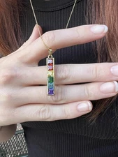 18K Yellow Gold Over Rainbow Multi-Gemstone Bar Pendant with 18" Chain Necklace