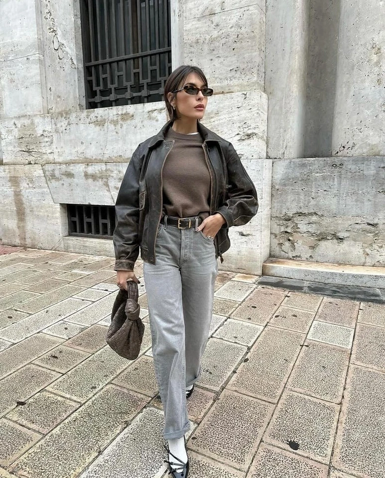 Искусственно состаренная коричневая кожаная куртка-бомбер из овечьей кожи - винтажное пальто большого размера 90-х - Изображение 3 из 4