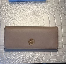 Tory Burch Logo Checkbook Wallet Gray/Red Snap Fold Credit Card Slots