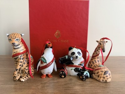 Lynn Chase Christmas Ornament Group 2001-2004 Jaguar Giraffe Panda Penguin