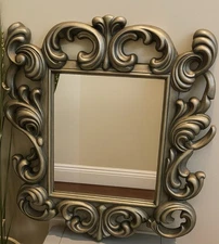 Vintage Ornate Silver Baroque Wall Mirror - Rococo Scroll Decorative Frame