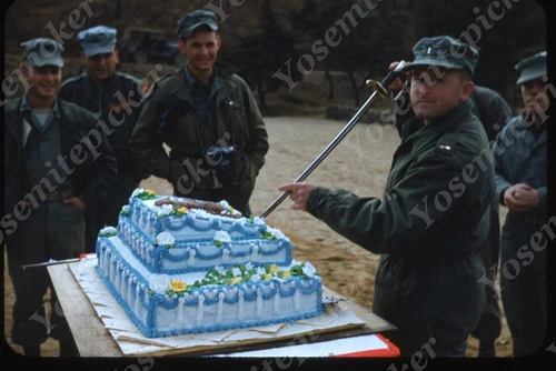 sl66 Original slide 1950's Red Kodachrome Korean War US soldiers cake 345a