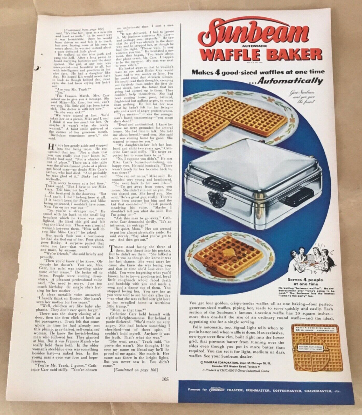 Sunbeam waffle maker 1950 vintage print ad art retro decor illustrated appliance-image