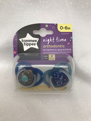 Tommee Tippee Baby Newborn Night Time Binky Ortho 2pk Pacifier Boy Space 0-6M