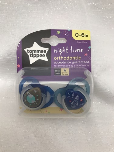 Tommee Tippee Baby Newborn Night Time Binky Ortho 2pk Pacifier Boy Space 0-6M - Picture 1 of 10