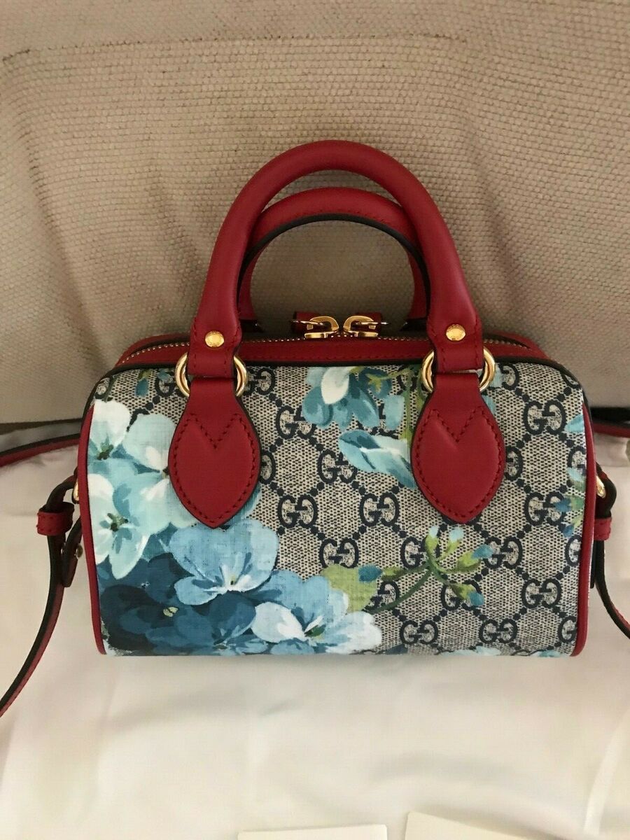 GUCCI GG SUPREME CANVAS BLOOMS PRINT MINI BOSTON Blue/Red