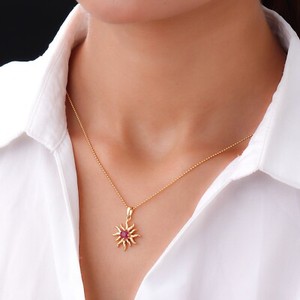 Authentic Glorious Ruby Sun Pendant Necklace 18K Gold Plated in 925 Sterling Silver