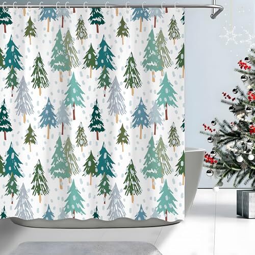 Guozhida Christmas Shower Curtain - Xmas Baubles Pine Tree Design, Waterproof Polyester, 72x72 Inches With Hooks, Holiday Bathroom Decor