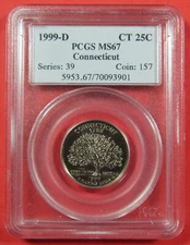 1999-D 25c Connecticut PCGS MS67. A nice ultra-gem. (625080)